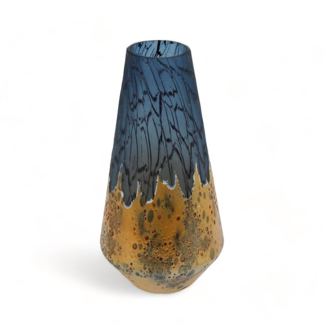 Vase, 13.5&quot;x7&quot; Blue/Gold Decorative Glass