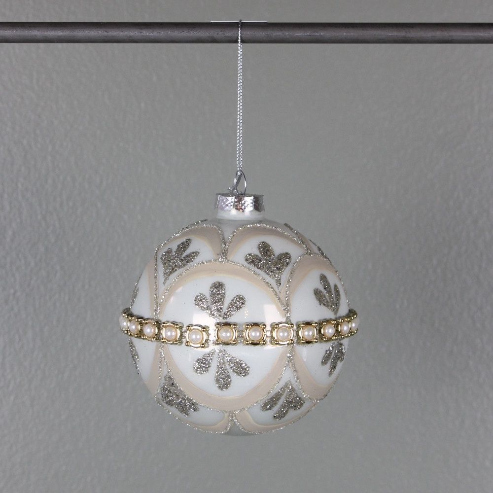Ornament, 4" Ivory/Platinum Glass Pearl Ball