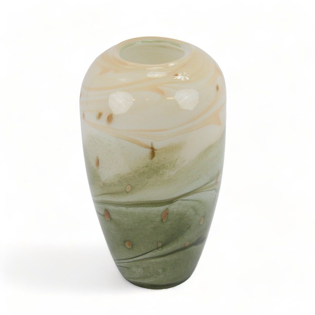 Vase, 13.75"x8.25" Green/Gold/White Glass