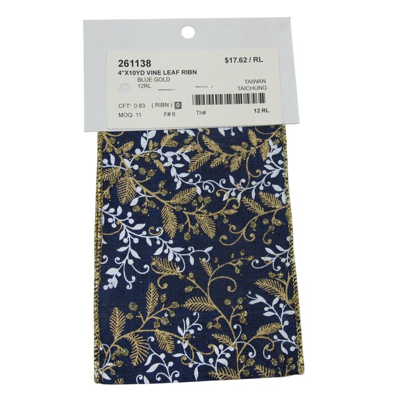 Ribbon, Blue/Gold Vine Leaf 4&quot;x10yd