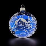 Ornament, Blue Blown Glass w/White Cabins