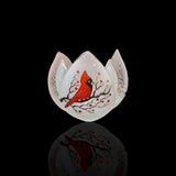 Candle Holder, Frosted Glass Lotus Blossom Red Cardinals
