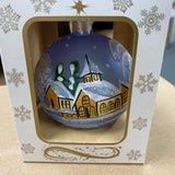Ornament, Baby Blue Blown Glass w/Brown Church Design