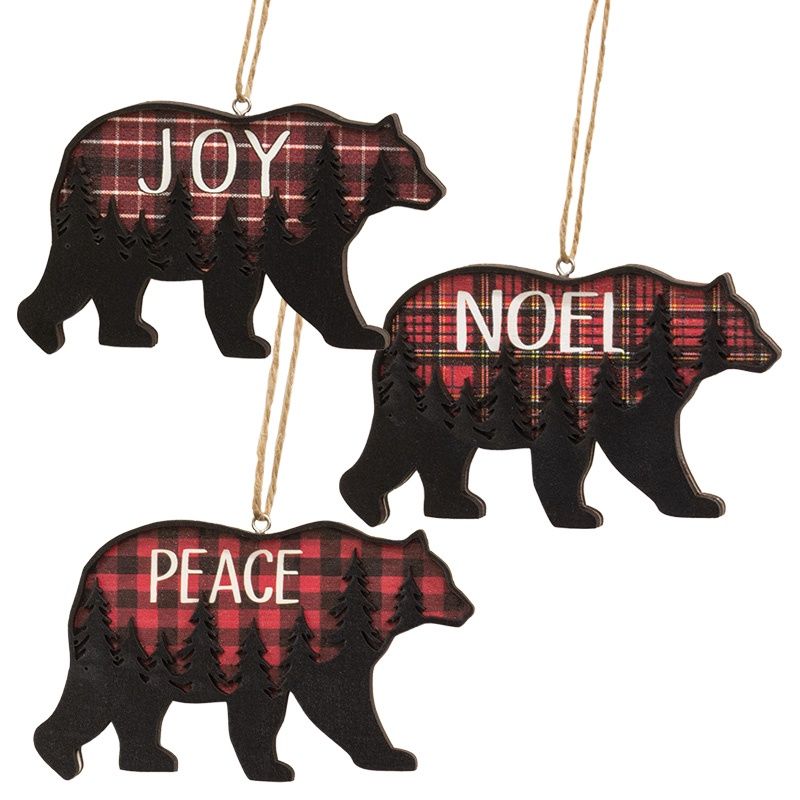 Ornament, Wood Plaid Bear Forest Scene 3 Asst