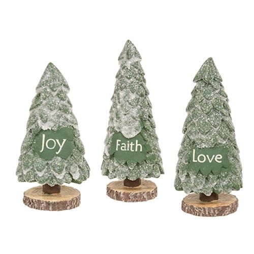 Tree, Set/3 "Faith" "Love" "Joy" Green Resin 4.25"