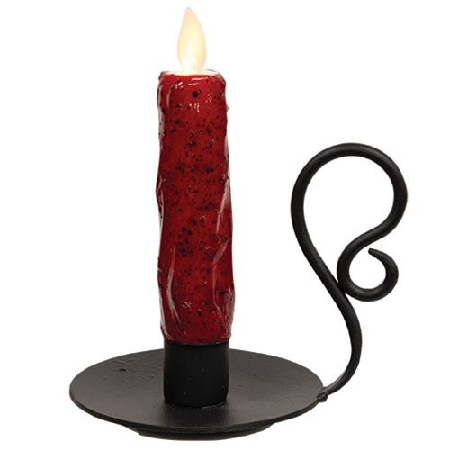 Candle, Silicone Dipped ruby Taper in Colonial Metal Base 6"