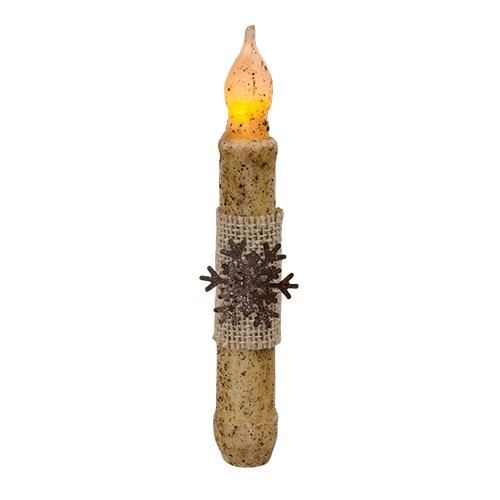 Candle, 6" Burnt Ivory Burlap &amp; Snowflake Taper w/Timer