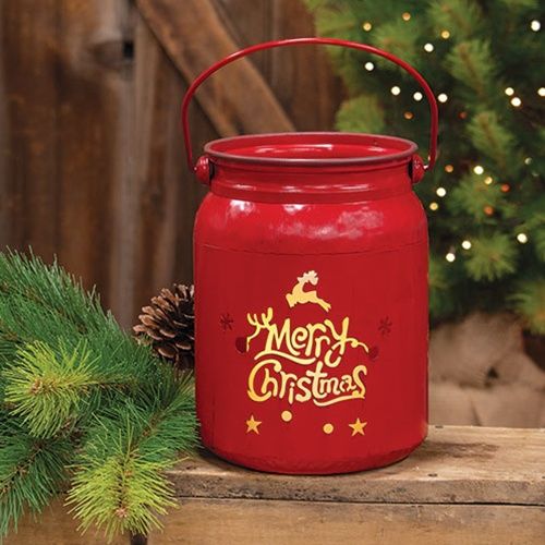 Milk Can, Vintage Red Metal Merry Xmas Luminary 8"