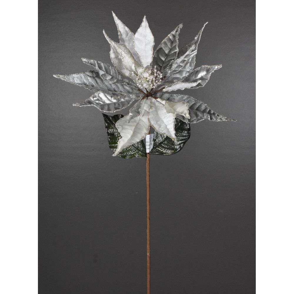 Poinsettia 27&quot;x14&quot; Cream/Silver Velvet Glitter