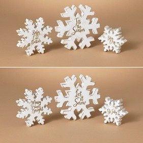 Figurine, Set/3 White Wood Engraved Snowflake