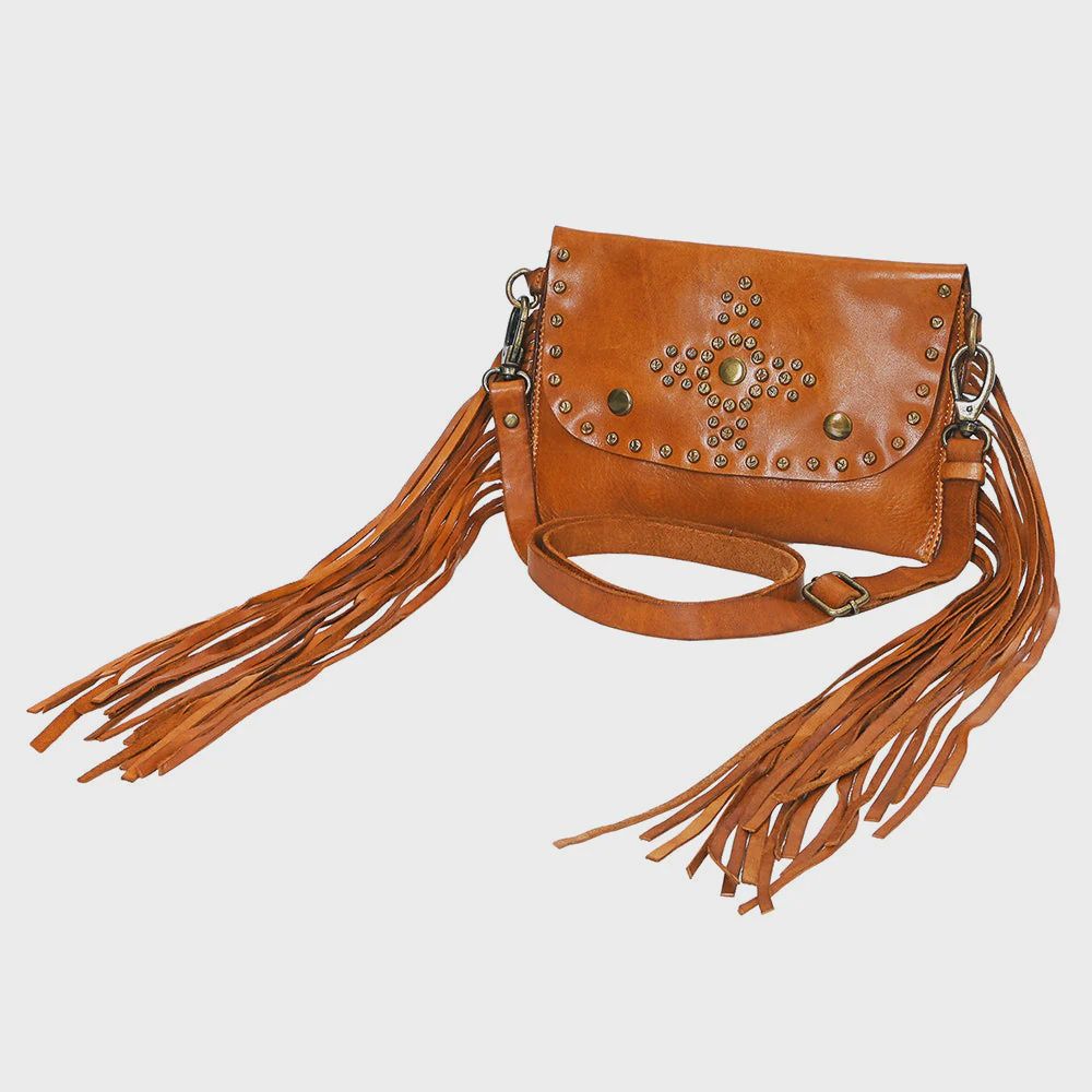 Handbag, Fringe/Circle Emblshm tan leather