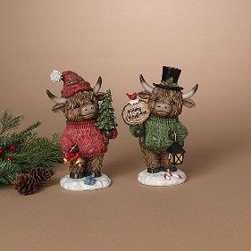 Figurine, 8.2" Resin Holiday Highland Cow  2 Asst