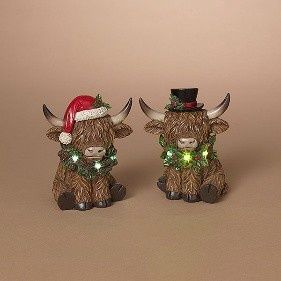 Figurine, 5.5" Lighted Holiday Highland Cow 2 Asst