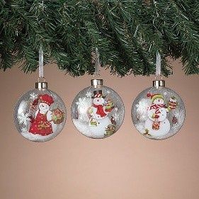 Ornament, 4.7" Snowman Design on Glass 3 Asst