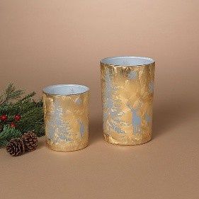 Candle Holder, Set/2 Gold Glass w/Etched Design