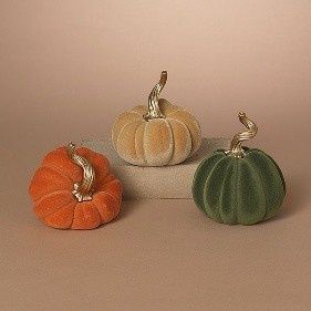 Pumpkin, Flocked Harvest w/Gold Stem 3 Asst 5.5&quot;