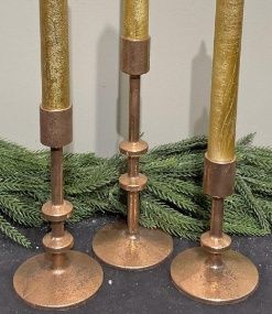 Candle Holder, Set/3 Gold Metal Taper 5/7/9&quot;
