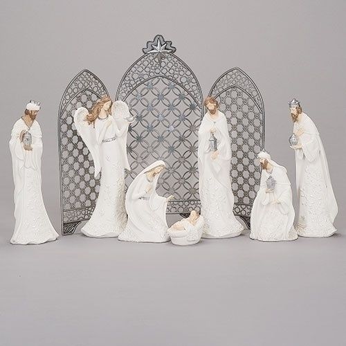 Nativity, 12&quot; 7pc Set White w/Pearl Leaf Pattern