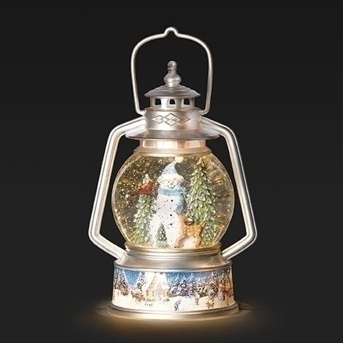 Snow Globe, 9.5&quot; Lighted Snowman in Lantern w/ Village Scene Base