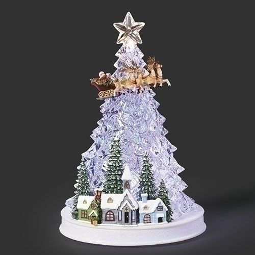Music Box, 12&quot; Lighted Tree w/Santa &amp; Reindeer Over Town
