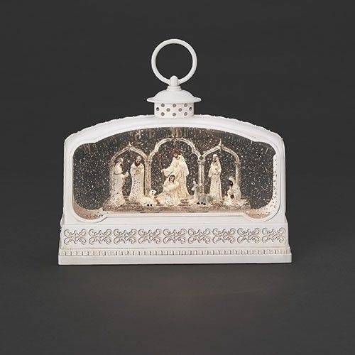 Snow Globe, 9&quot; Lighted White Lantern Nativity