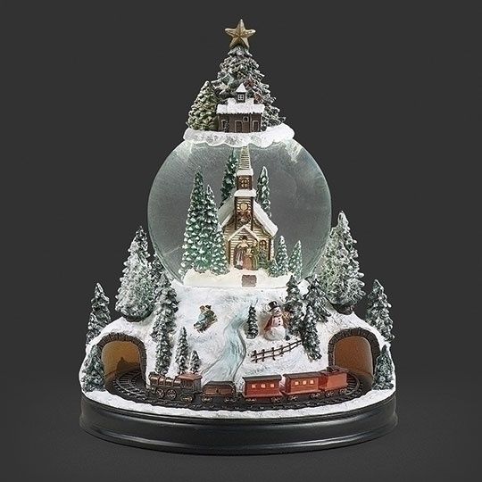 Snow Globe, 11" Lighted Music Church w/Rotating Train