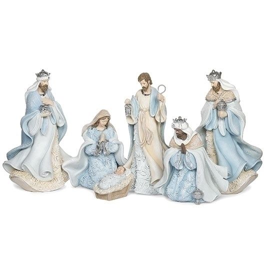 Nativity, 10&quot; Set/6 w/Leaf Pattern Blue