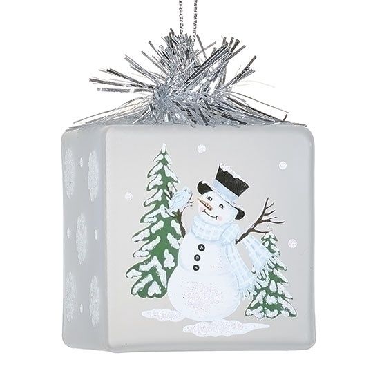 Ornament, 2.5&quot; Frosted Snowman Glass Cube Blue Scarf