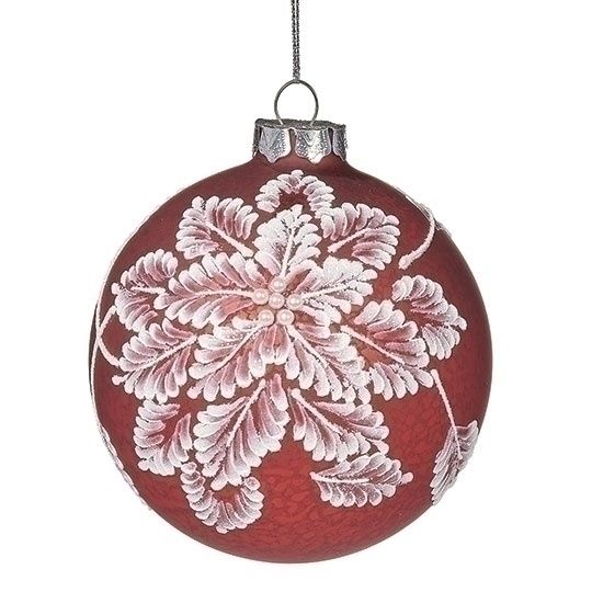 Ornament, 4&quot; White Painted Flower on Red Glass
