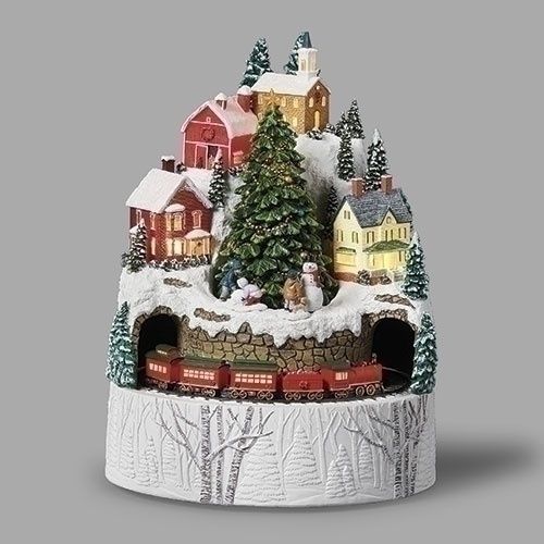 Music Box, 11&quot; Lighted Mountain Town w/Rotating Train
