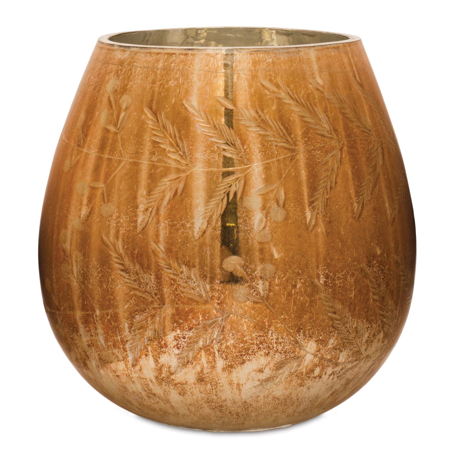 Candle Holder, 7" Gold Etched Leaf Glass