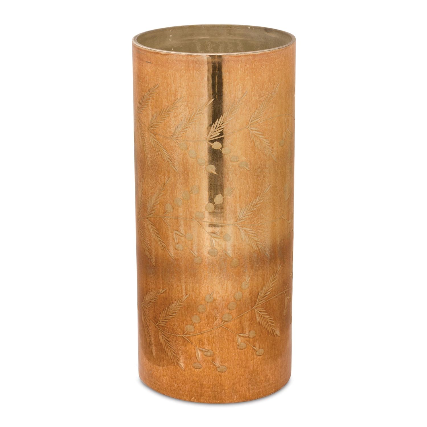 Candle Holder, Antiq Gold Etched Leaf/Berries 5x11" Glass