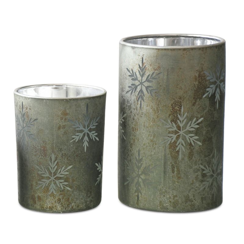 Candle Holder, Set/2 Glass Emerald Green w/Etched Snowflakes