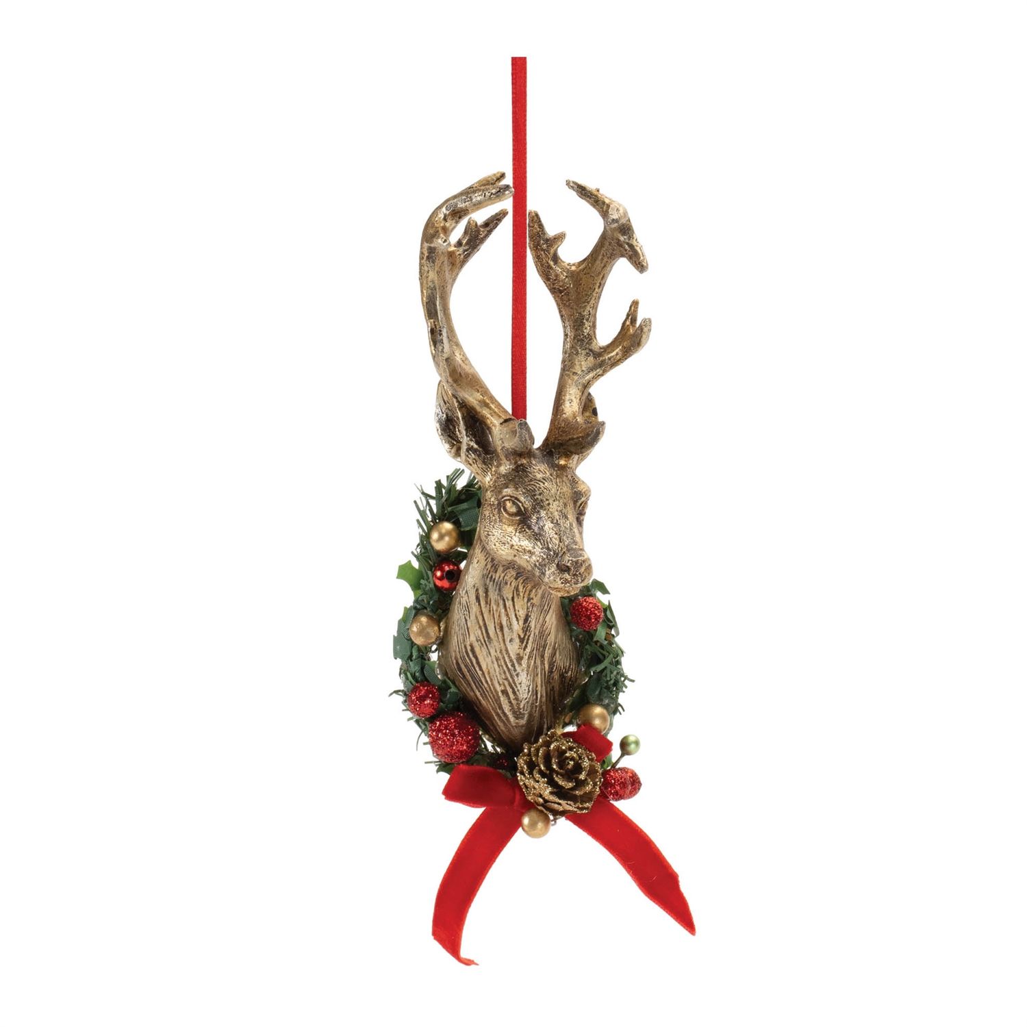 Ornament, Deer Mount w/Wreath 6" Antq. Gold