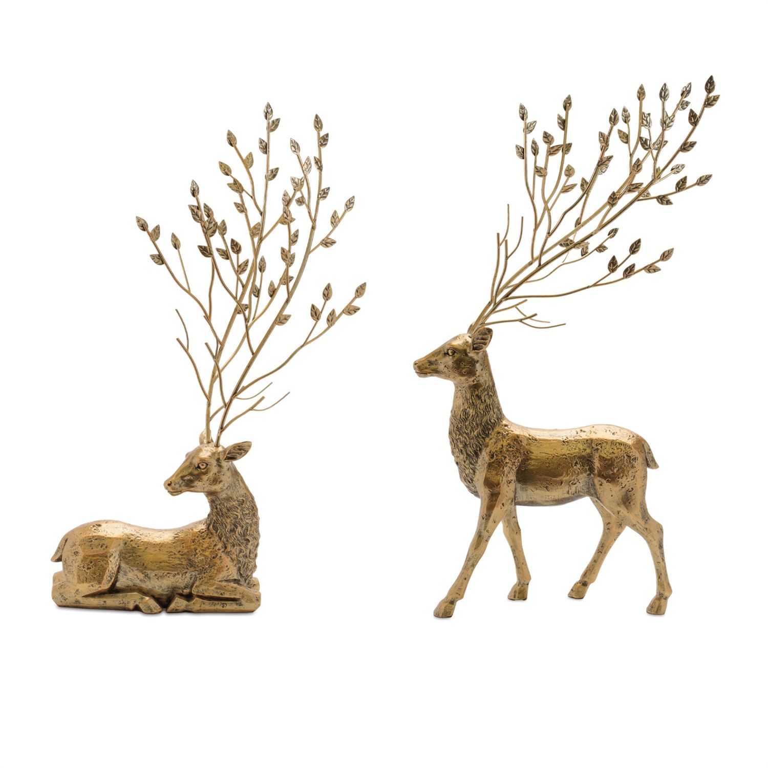 Deer, Antiq. Gold w/Leaves on Antlers 21"/25" Set/2