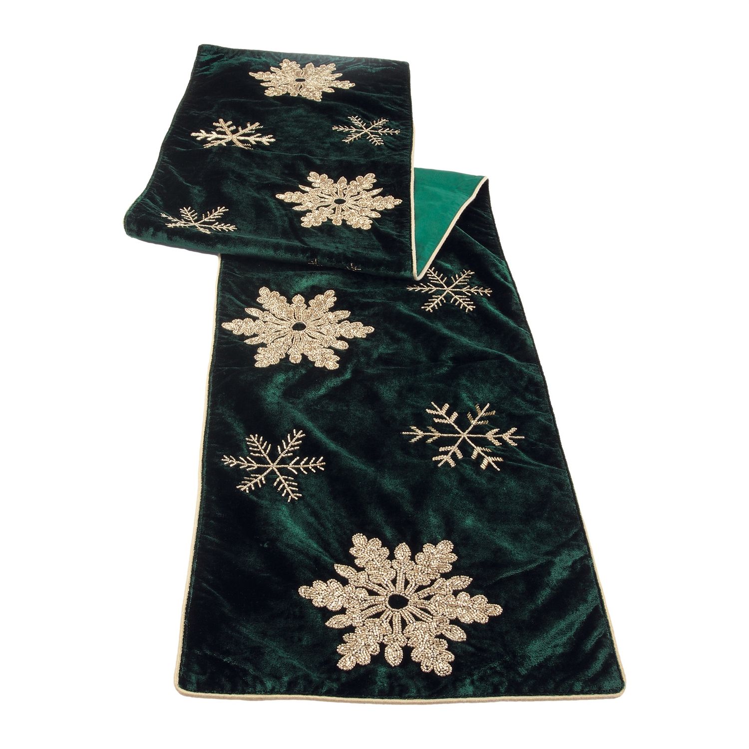 Table Runner, Embroidered/Beaded Emerald Velvet 14x72"