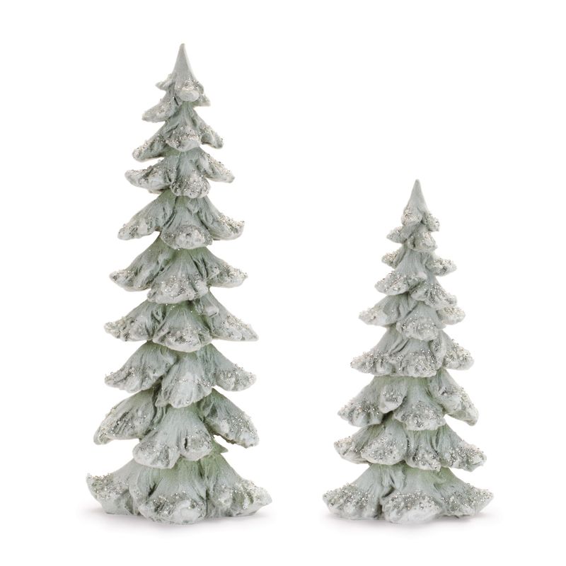Tree, Set/2 Silver Sequins over Frosted Green 13.25&quot;/18&quot;