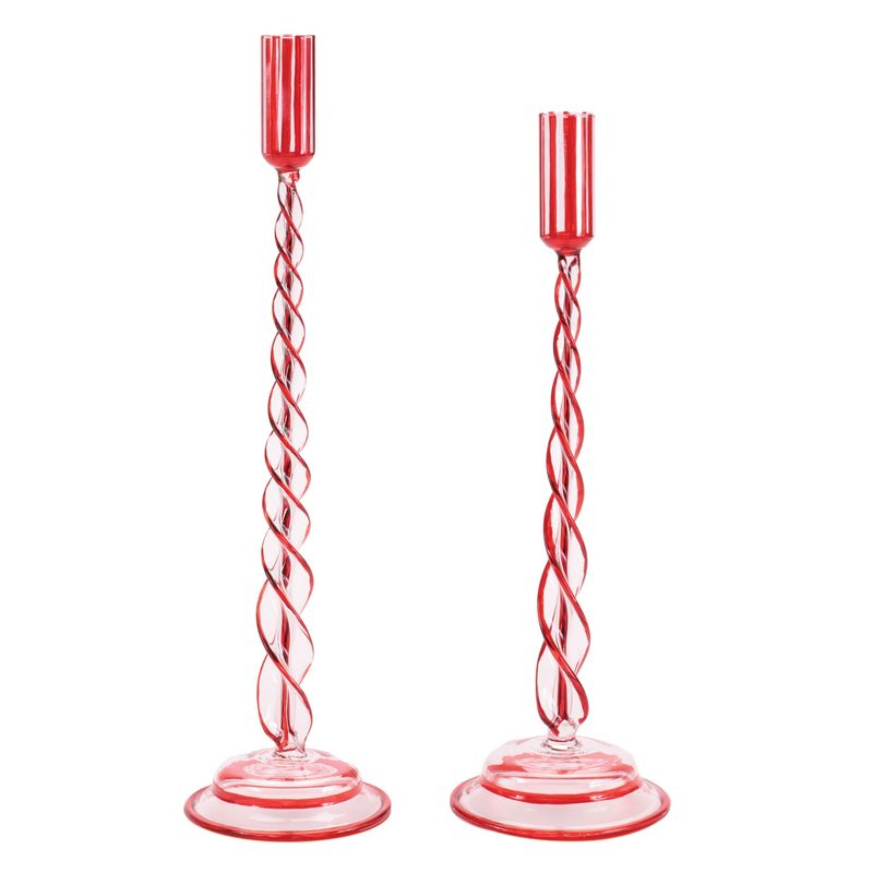 Candle Holder, 12/14&quot; Twisted Red Glass Taper Set/2