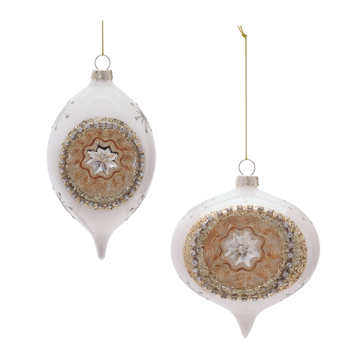 Ornament, White Glass Reflector w/Glitter &amp; Rhinestones 2 Asst
