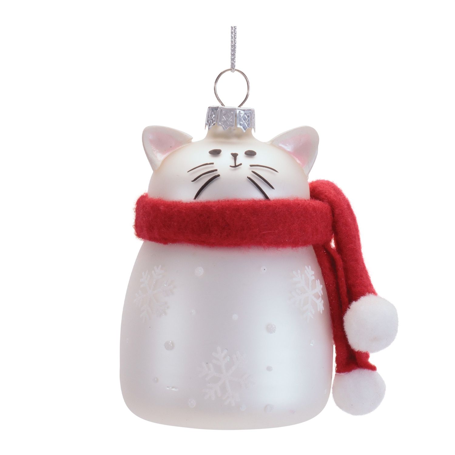 Ornament, Glass White Cat w/Snowflake Accents 3.5"