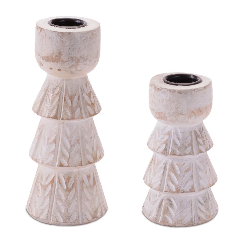 Candle Holder, Set/2 Whitewashed Wood 4&quot;/5.75&quot;