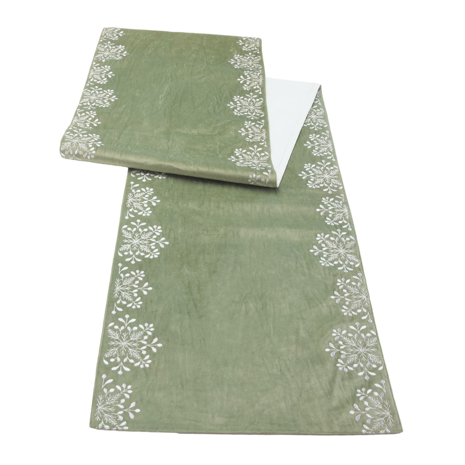 Table Runner, Dark Sage w/Embroidered Snowflake Edge 14&quot;x72&quot;