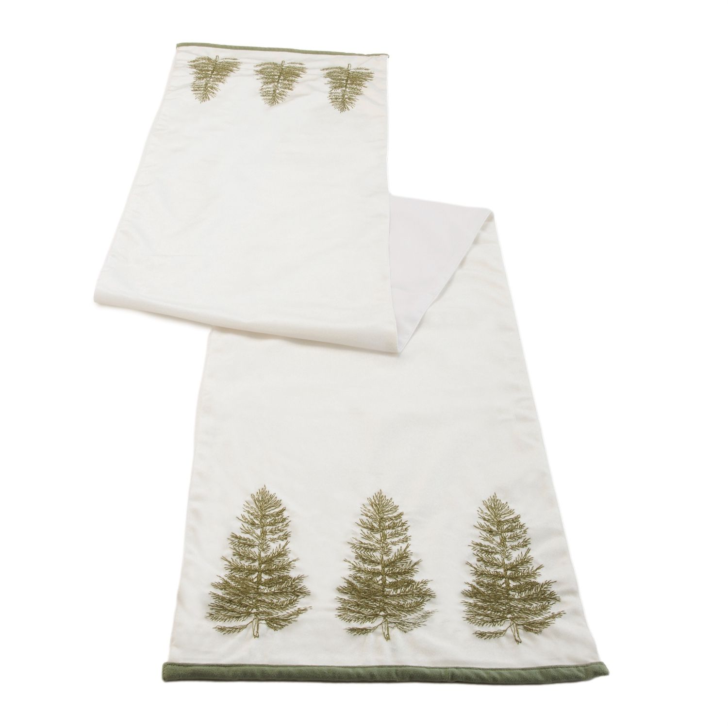 Table Runner, Green Embroidered Trees on White 14x72"