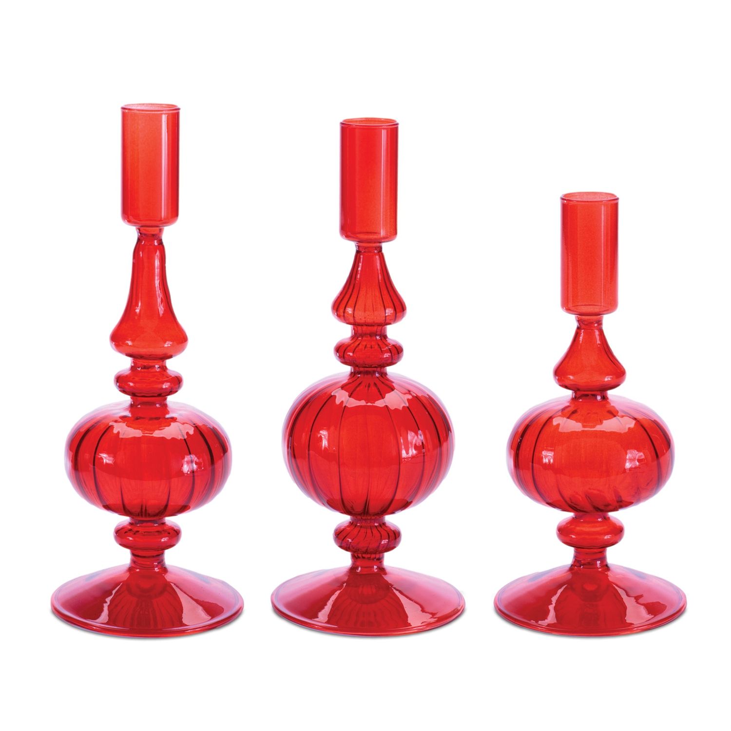 Candle Holder, Red Glass Taper Set/3 7/8/9&quot;