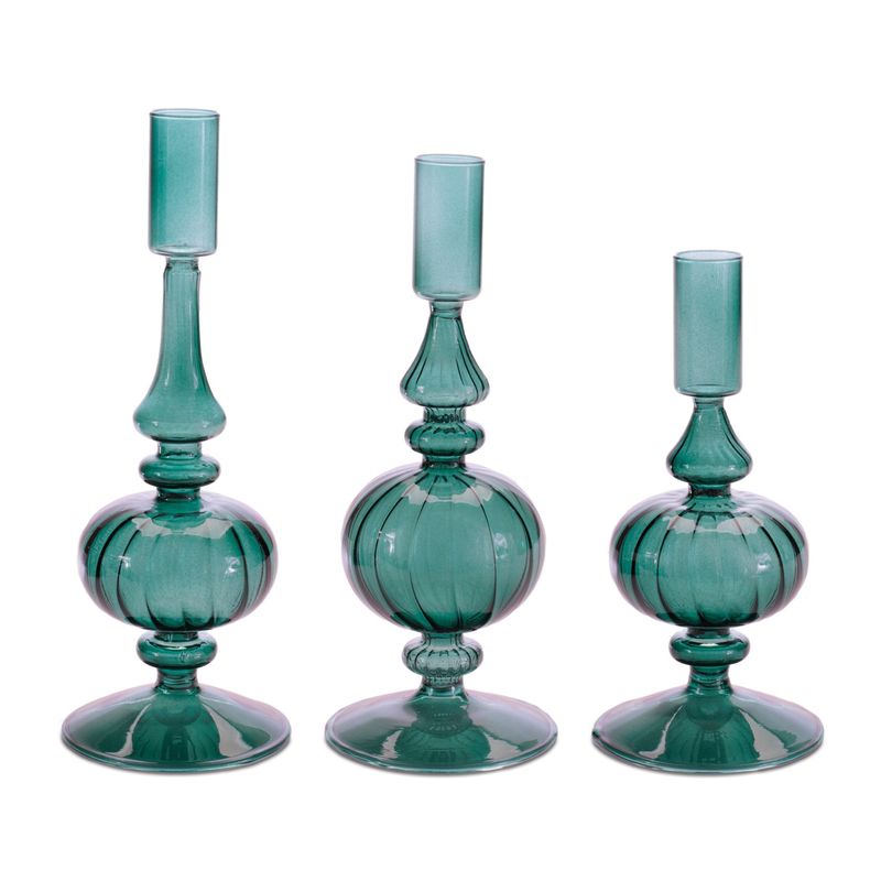 Candle Holder, Green Glass Taper Set/3 7/8.25/9&quot;