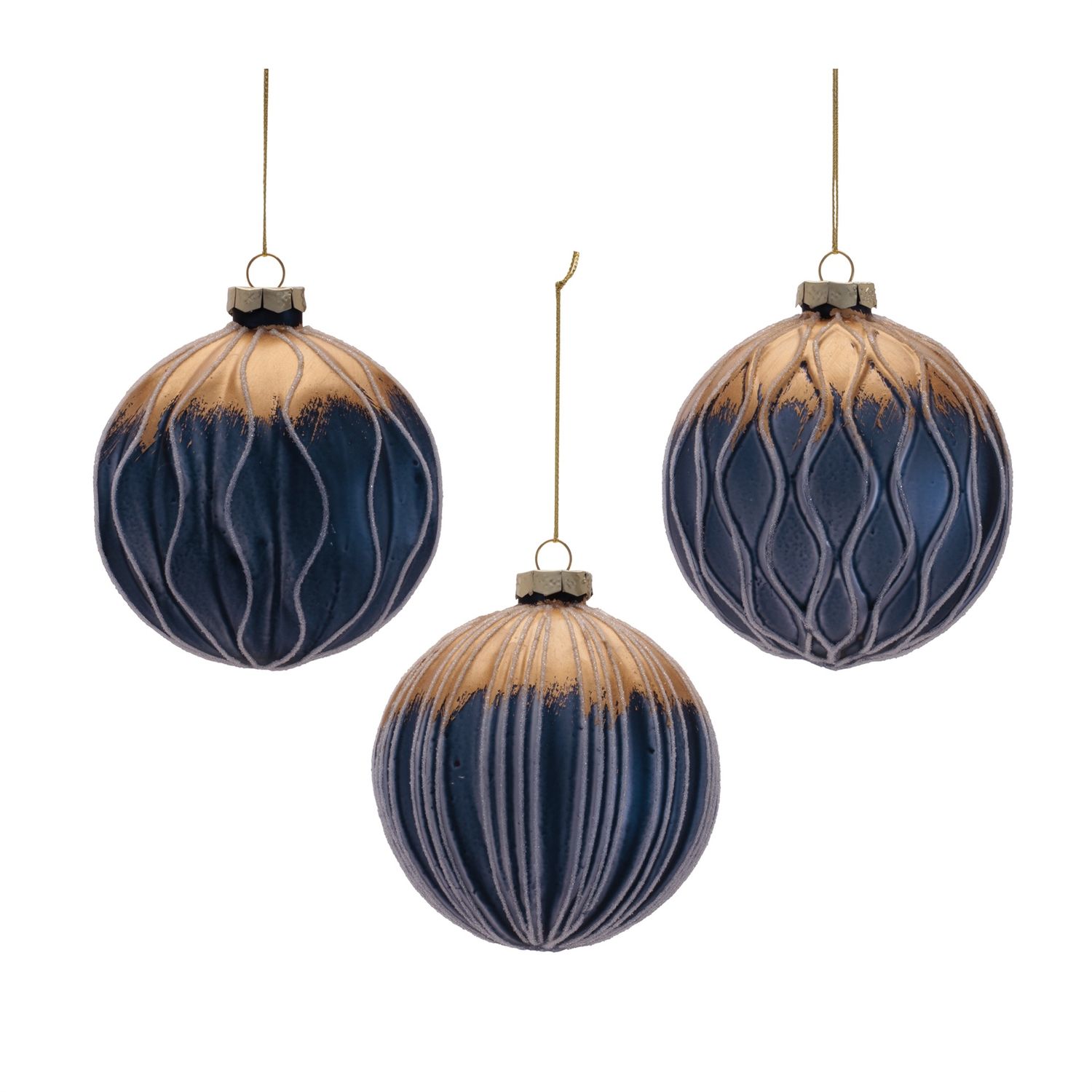 Ornament, Blue &amp; Gold Glass w/Silver Wave 4" 3 Asst