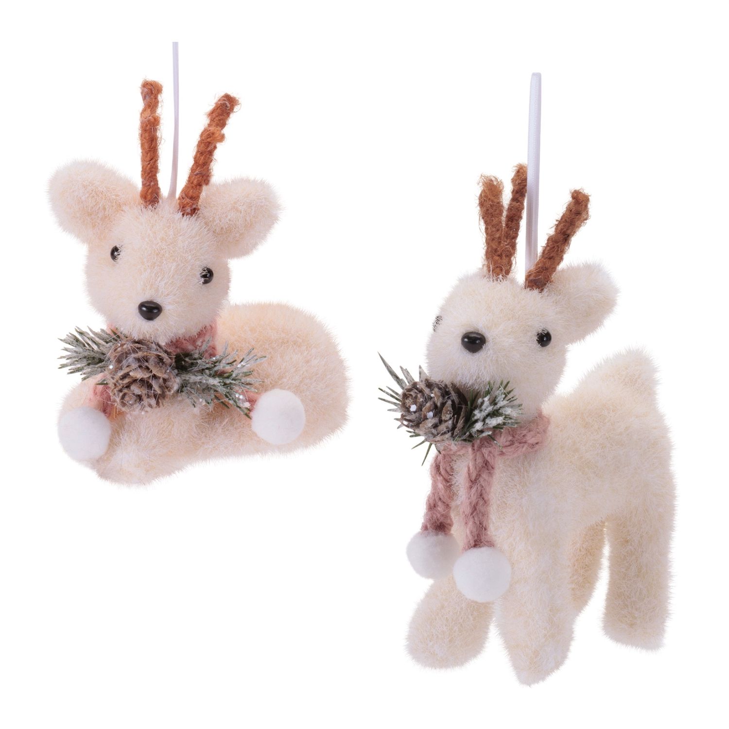 Ornament, White Flocked Deer 6&quot; 2 Asst
