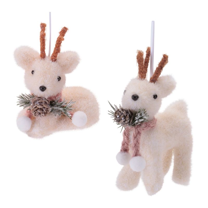 Ornament, White Flocked Deer 6&quot; 2 Asst