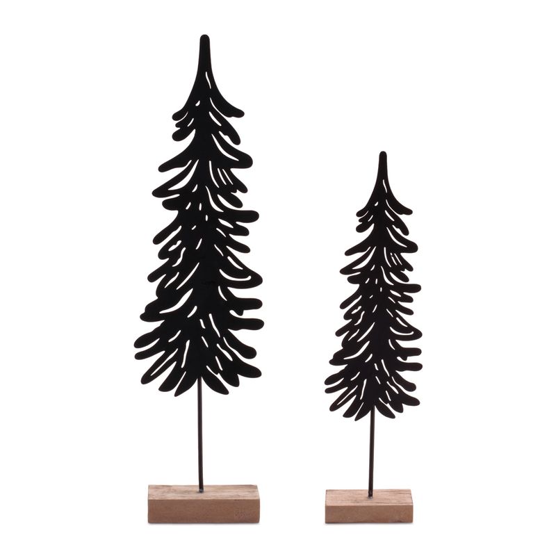 Tree, Black Metal Evergreen on Wood Base Set/2 11.75&quot;/15.5&quot;