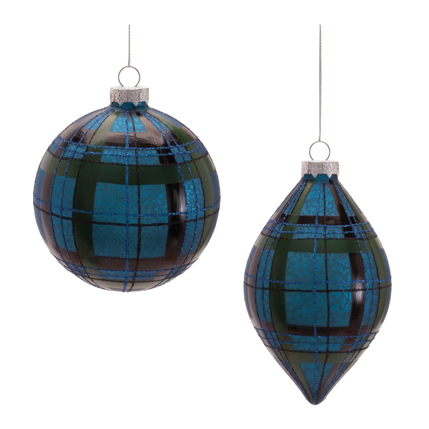 Ornament, Blue/Green Glass Plaid 2 Asst 4/4.5"